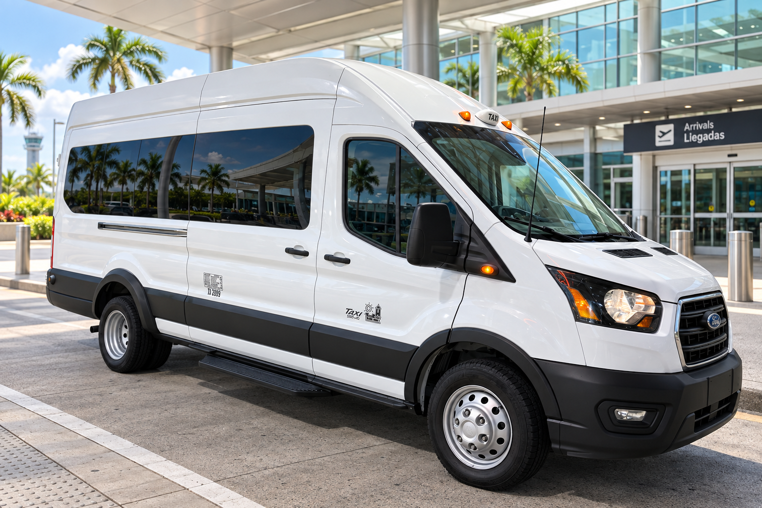 Your island.Your destination.One private ride. — white Ford Transit van
